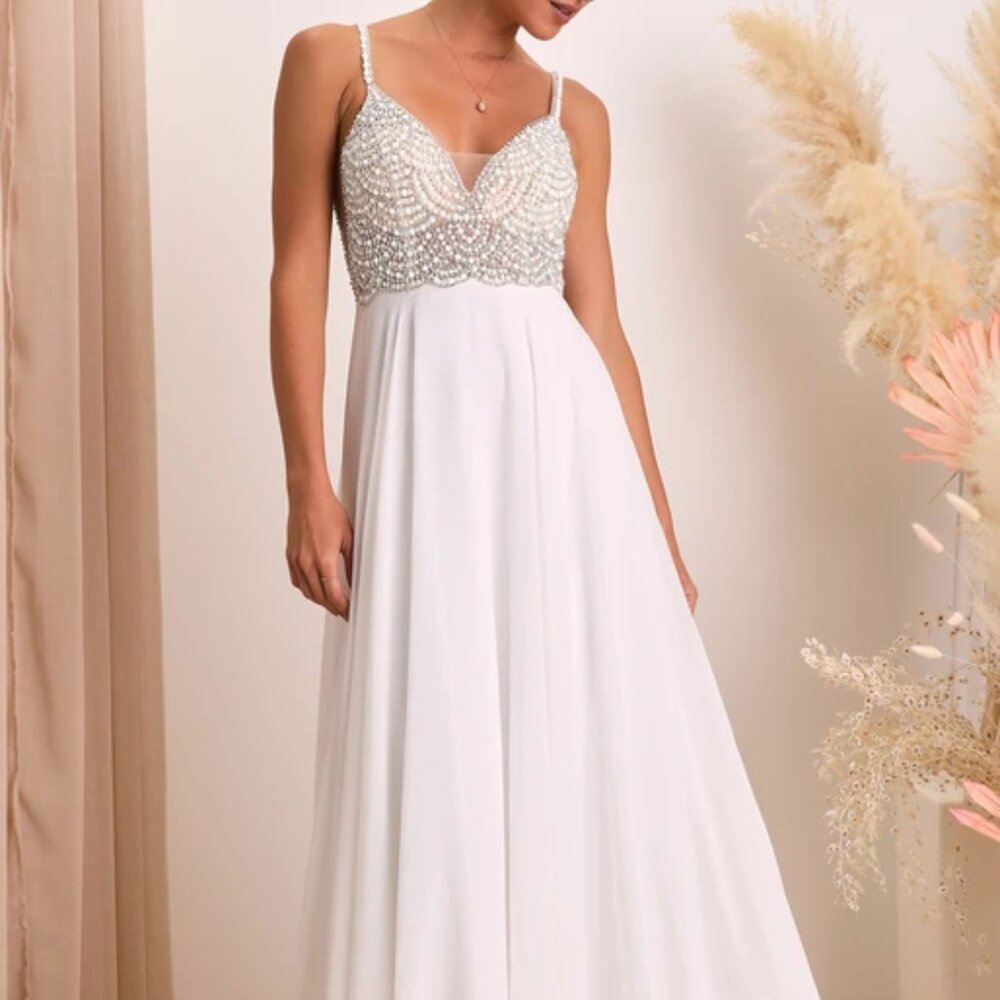 Lulus True Love White Beaded Rhinestone Maxi Dress